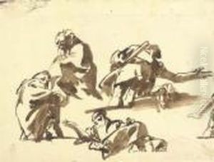 Four Studies Of Men Seen Di Sotto In Su by Giovanni Domenico Tiepolo
