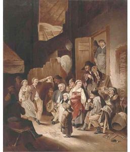 Peasants drinking and merry making in an interior by Jan Steen