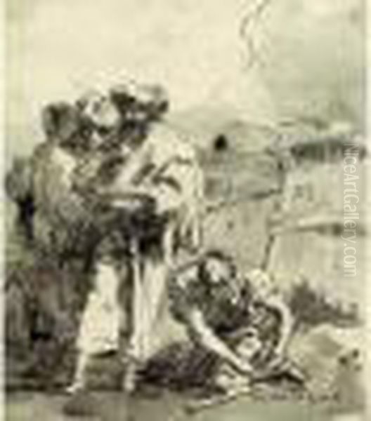 Quatre Personnages Au Pied D'une Fortification - view 1