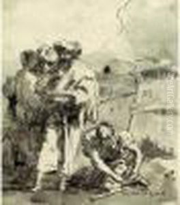 Quatre Personnages Au Pied D'une Fortification by Giovanni Domenico Tiepolo