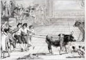 Scene In A Venetian Campo: Two
Young Men Holding A Bull, Roped By Its Horns, With Dogs And Other
Figures Around Them by Giovanni Domenico Tiepolo