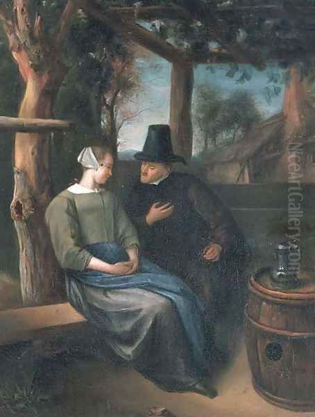A man and woman conversing in an arbor - view 1