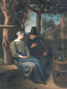A man and woman conversing in an arbor by Jan Steen