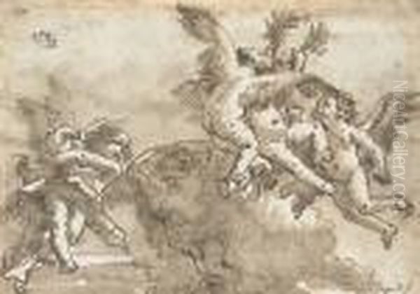 Putti Playing With A Crown Of Laurels, Cupid Blindfolded To Theleft - view 1