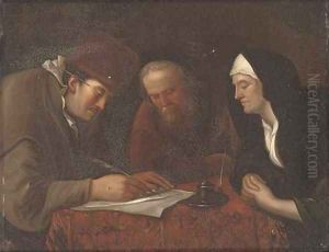 A widow and two gentleman in an interior writing a letter by Jan Steen