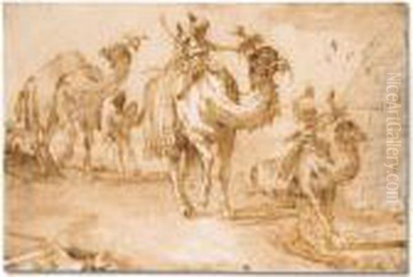 Orientals Riding Camels Near A Pyramid - view 1