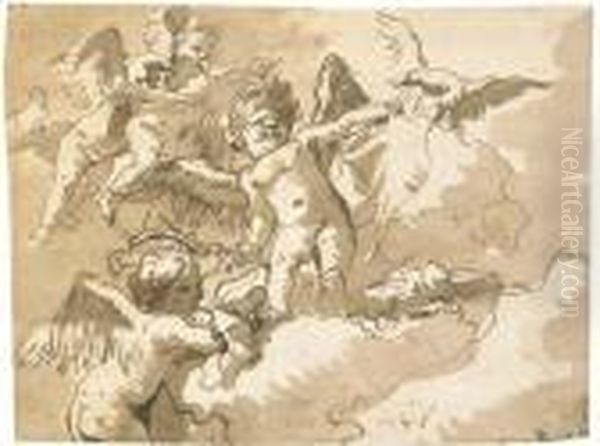 A Blindfolded Putto Standing On A Cloud With Other Putti And Aneagle - view 1