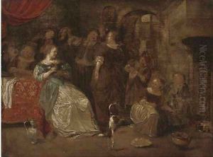 Elegant company merrymaking and playing music in an interior by Jan Steen