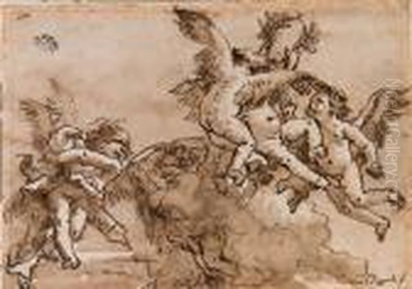 Blindfolded Cupid And Flying Putti Playing With A Laurelcrown
Signed 'domo. Tiepolo F' And Numbered '110' - view 1