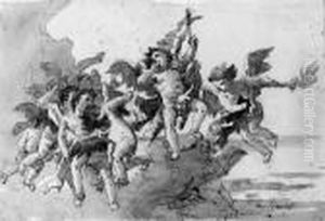 Cupid With Putti And A Torch Amongst Clouds