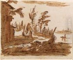 A View Of The Lagoon With Three Figures By A House, Venice In Thebackground