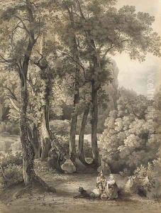 A seated couple and their dog in a glade by Friedrich Salathe