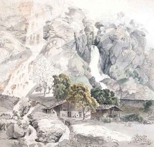 A Swiss farm at the foot of two waterfalls by Friedrich Salathe
