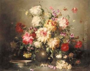 Mixed flowers in a vase by a bowl on a ledge by Hungarian School