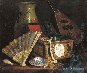 A Jewellery Box, A Fan, An Oriental Vase ,A Mandolin And A Cup And Saucer On A Table by Hungarian School