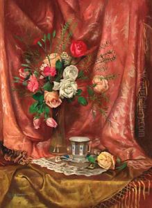 A vase of flowers and a cup and saucer on a draped table by Hungarian School