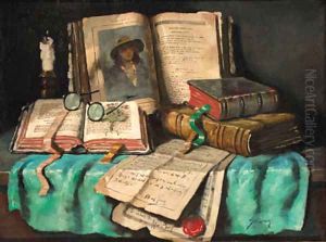 Books and letters on a table by Hungarian School