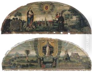 Scenes from Hungarian history The Virgin Mary in Glory, as Protectress of Hungary, above Joan Hunyadi and his children seated at a table with a Franc by Hungarian School