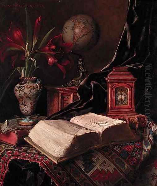 A globe, a vase of amaryllis, a book and a carriage clock on an oriental rug - view 1