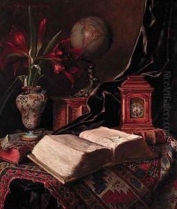 A globe, a vase of amaryllis, a book and a carriage clock on an oriental rug by Ignaz Schonbrunner
