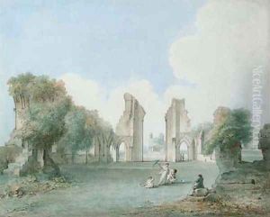 Lady with a parasol and children enjoying an afternoon in the ruins of Glastonbury Abbey by Jan Sanders