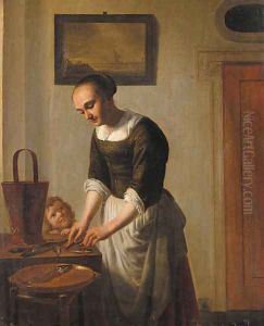 A woman filleting fish watched by a child