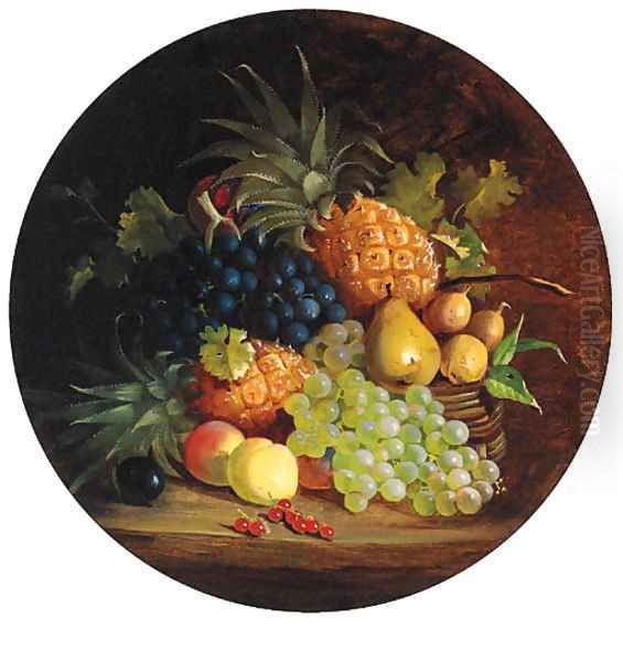 Grapes, Pears, Apples, Redcurrants And Pineapples In A Wicker Basket, On A Table by Eloise Harriet Stannard