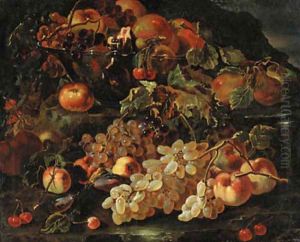 Grapes, apples and pomegranates in a glass bowl with other fruit on a rocky bank by Giovanni Paolo Spadino