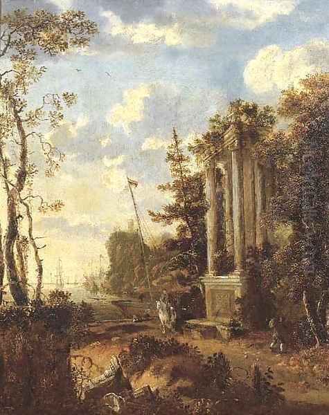 A wooded coastal landscape with travellers by a classical fountain - view 1
