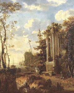 A wooded coastal landscape with travellers by a classical fountain by Jan Gabrielsz. Sonje