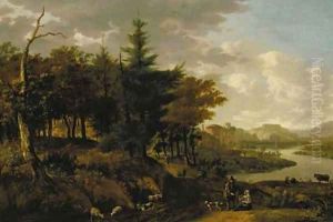 A wooded river landscape with a goatherd, travellers and ruins beyond by Jan Gabrielsz. Sonje