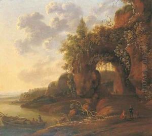 A mountainous river landscape with travellers on a path in the foreground by a moored boat by Jan Gabrielsz. Sonje