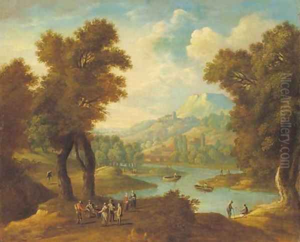 A rocky wooded landscape with peasants conversing on a track - view 1