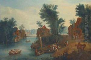 A village landscape with elegant company in ferries crossing a river