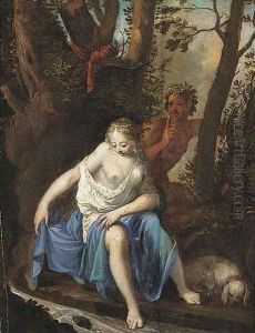 Diana bathing with a satyr looking on by Nicolas Van Schoor