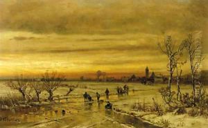 A village in winter at dusk by Adolf Stademann