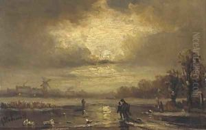 Skaters on a moonlit river by Adolf Stademann
