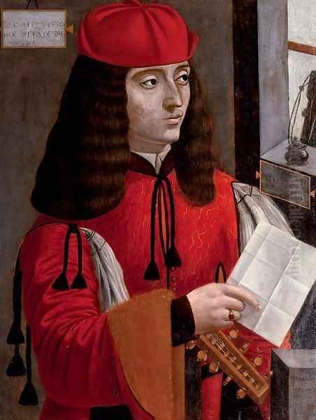 Portrait of a gentleman in a red coat and cap holding a lute and a letter - view 1