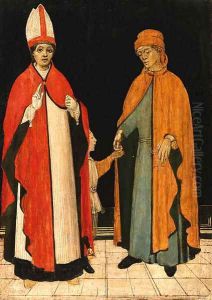 An elegantly dressed youth, with an older man wearing an ermine lined cowl by Milanese School