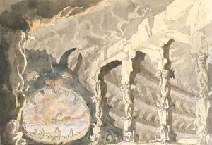 A grotesque colonnade leading to a monster whose open mouth reveals the river Styx, with Hades beyond, a dog in the foreground by Milanese School