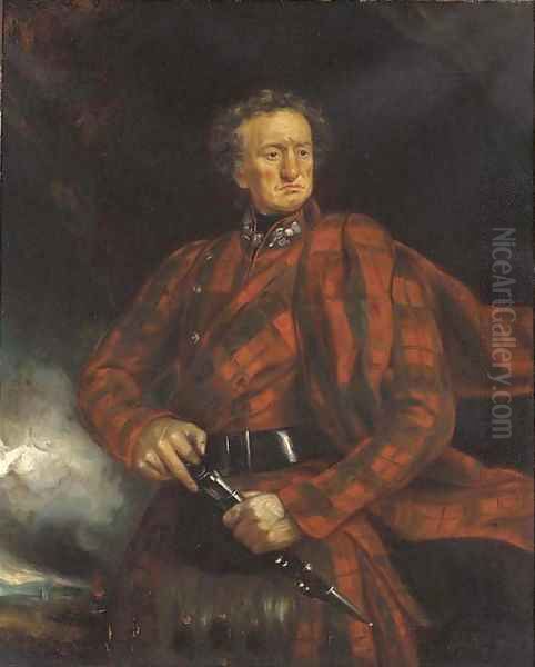 Portrait of a gentleman, three-quarter-length, in tartan, holding a skean dhu - view 1