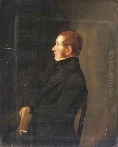 Portrait of a gentleman, in a black suit, holding a book, in profile by Scottish School