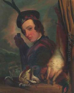 Portrait of a Highlander, before a table of dead game, a landscape beyond by Scottish School