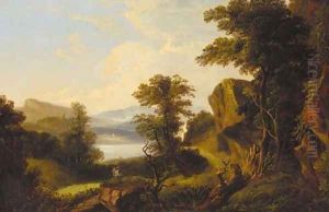 A traveller on a wooded track, a loch beyond by Scottish School