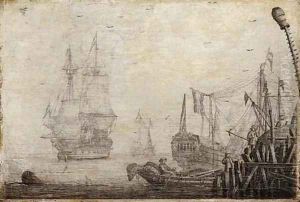 A penschilderij Shipping in a harbour with figures on a quay in the foreground