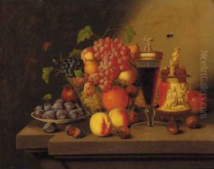 Grapes, oranges, peaches, pears and plums in a glass bowl by Georg (Johann G.) Seitz