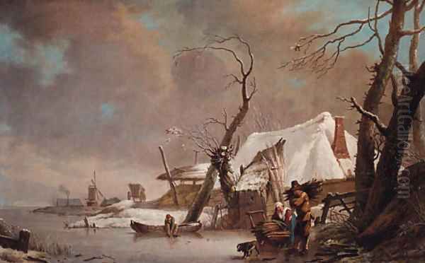 A winter landscape with faggot gatherers on a frozen waterway by a cottage - view 1
