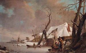 A winter landscape with faggot gatherers on a frozen waterway by a cottage by Hendrick Willem Schweickardt