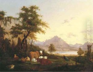 A mountainous Italianate landscape with a herdsman resting with his cattle by a lake by Jacob van Strij