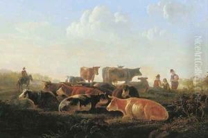 A pastoral landscape with cattle by a river bank, with herdsmen and a horseman